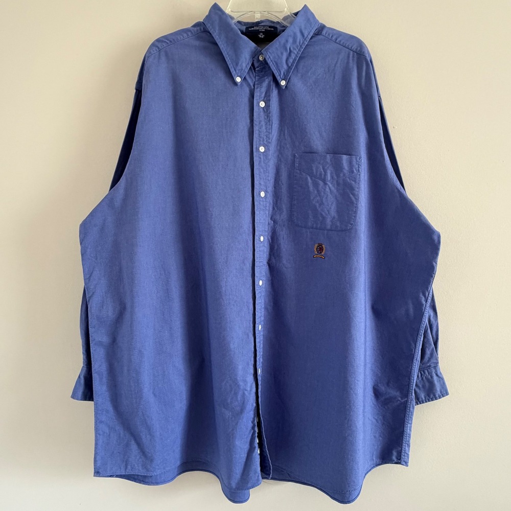 VTG Tommy Hilfiger Mens Blue Oxford Button Down Shirt Big 19 34/35 Long Sleeve